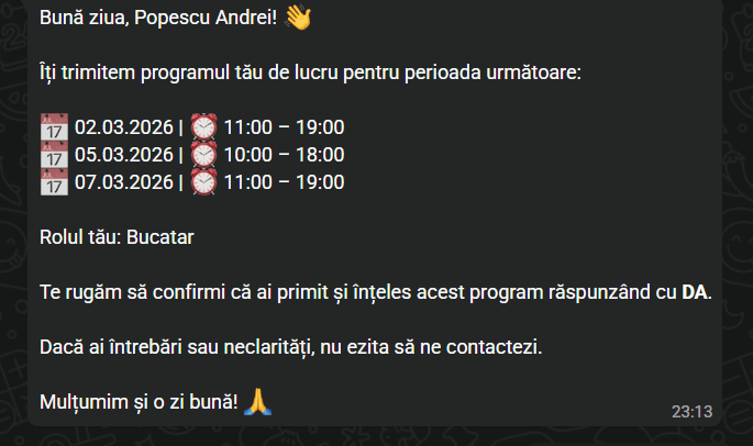 Screenshot WhatsApp — Ture trimise fără să ridici un deget